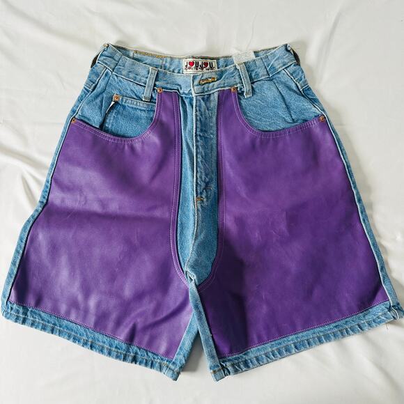 Vintage Pants - Vintage 1980s JouJou Purple "Leather" Color Block Denim Jean Shorts Jorts